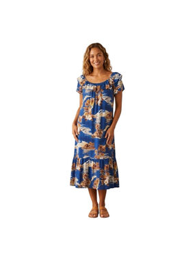 Women's Hilo Hattie Blue Brown Tropical Maxi Dress XL